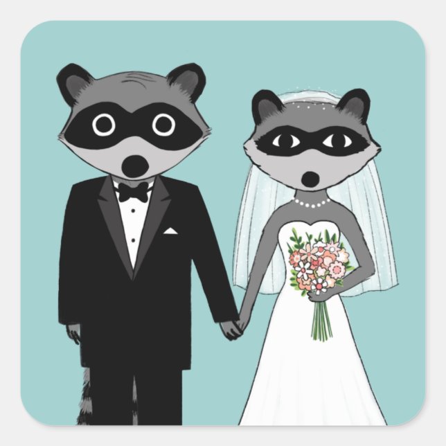 Pegatina Cuadrada Boda Raccoons (Anverso)