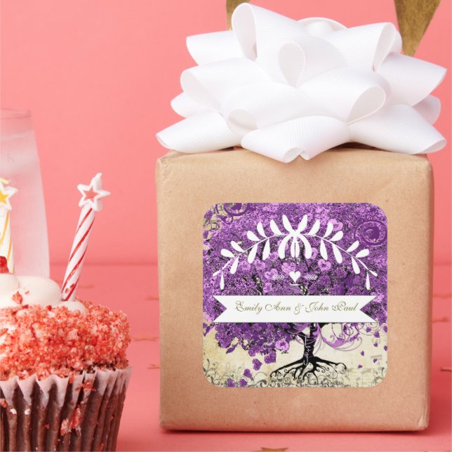 Pegatina Cuadrada Boda radiante púrpura romántico de hoja cardíaca (Fiesta)