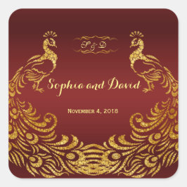 Pegatina Cuadrada Boda Real Burgundy Gold Peacock