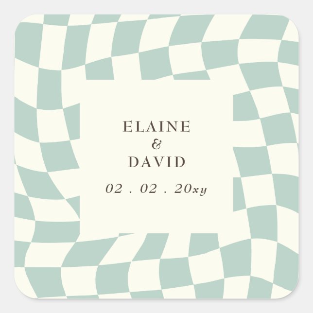 Pegatina Cuadrada Boda Retro Groovy Green Checkerboard (Anverso)