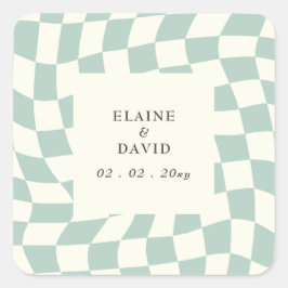 Pegatina Cuadrada Boda Retro Groovy Green Checkerboard