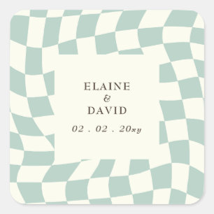 Pegatina Cuadrada Boda Retro Groovy Green Checkerboard