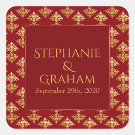 Pegatina Cuadrada Boda rojo de damasco dorado