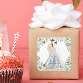 Pegatina Cuadrada Boda Romántica con Acuarela