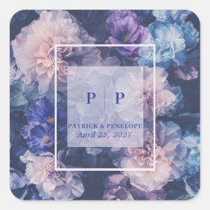 Pegatina Cuadrada Boda Romántica con Acuarela Floral Azul Púrpura