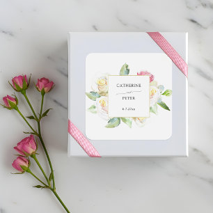 Pegatina Cuadrada Boda Romántica con Rosas de Aguamarina Rosa/Marfil