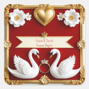 Pegatina Cuadrada 🌹 Boda Romántica de Cisnes con Marco de Oro Rojo