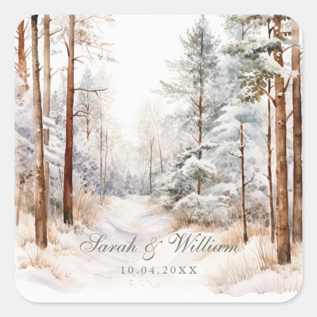Pegatina Cuadrada Boda romántica de invierno en el bosque nevado (Anverso)