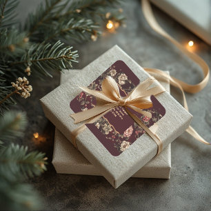 Pegatina Cuadrada Boda Romántica de Navidad con Chinoiserie Borgoña