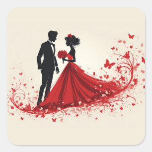 Pegatina Cuadrada Boda Romántica en Rojo Silueta de Novia y Novio