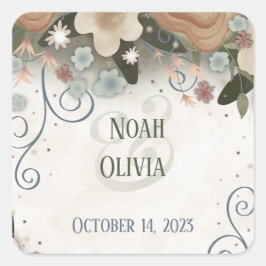 Pegatina Cuadrada Boda Romántico de Inespiritualidad Floral Elegante