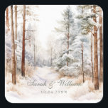 Pegatina Cuadrada Boda romántico de invierno<br><div class="desc">Disfrute de su mágica boda de invierno con este romántico Pegatina de la plaza, con una suave caída de la nieve y serenos pinos en una paleta neutra y elegante. ideal para bodas de montaña, ceremonias de bosques o un boda acogedor. Personalizable completo con su nombre y detalles de eventos,...</div>