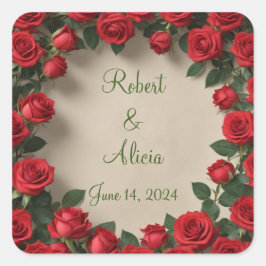 Pegatina Cuadrada Boda Rosa Roja