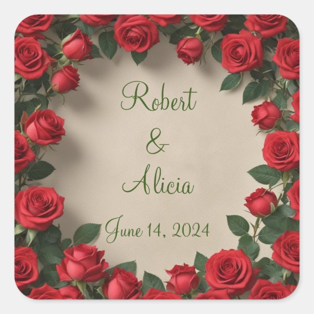Pegatina Cuadrada Boda Rosa Roja (Anverso)