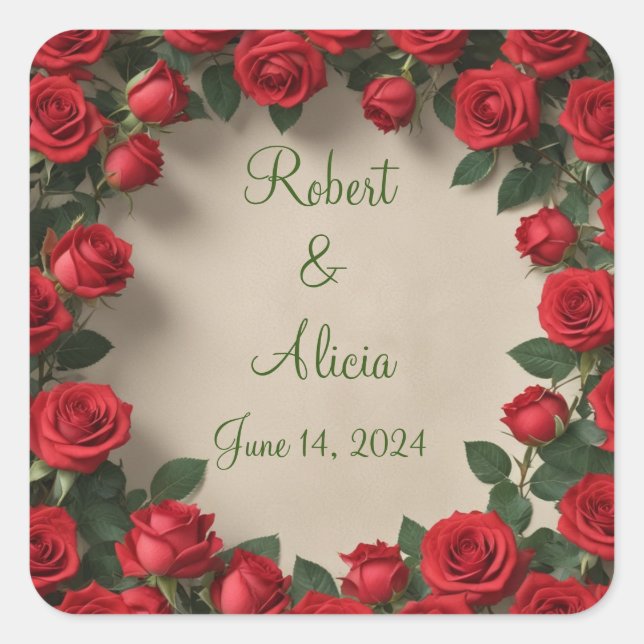 Pegatina Cuadrada Boda Rosa Roja (Anverso)