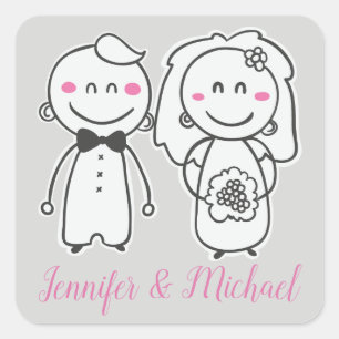 Pegatina Cuadrada Boda Rosa y Gris Novia Y Groom, Compromiso