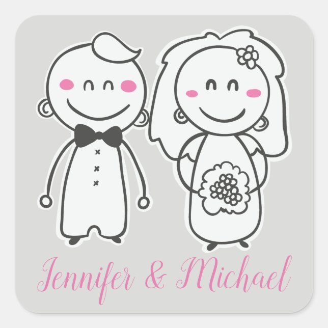 Pegatina Cuadrada Boda Rosa y Gris Novia Y Groom, Compromiso (Anverso)