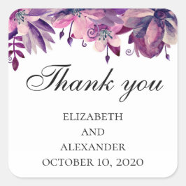 Pegatina Cuadrada Boda rosado púrpura gracias. Flores acuáticas