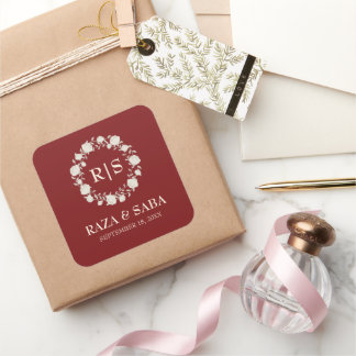 Pegatina Cuadrada Boda Rubí Resplandor Rojo y Crema
