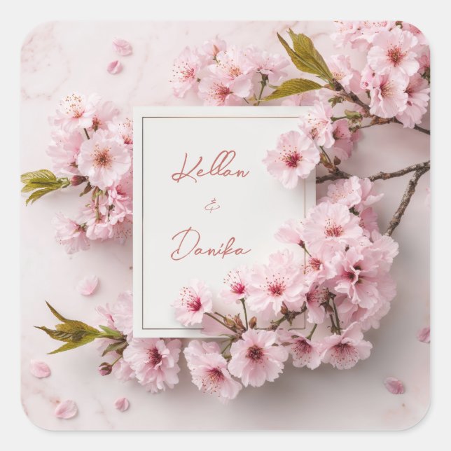 Pegatina Cuadrada Boda Rubor Cherry Blossom (Anverso)