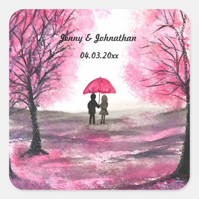 Pegatina Cuadrada Boda ruso ama el árbol de flores de cerezo de pare (Anverso)