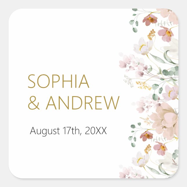Pegatina Cuadrada Boda Rustic Wildflowers (Anverso)