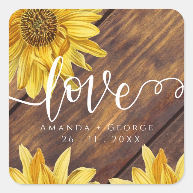 Pegatina Cuadrada Boda Rustic Wood Sunflower Amor Amarillo Fall Wedd (Anverso)