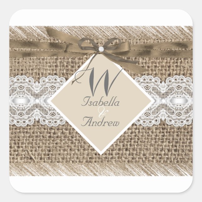 Pegatina Cuadrada Boda Rústica Beige Blanco Encaje Arpillera 2 (Anverso)