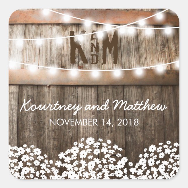 Pegatina Cuadrada Boda Rústica de Campo | Cadena de Luces (Anverso)