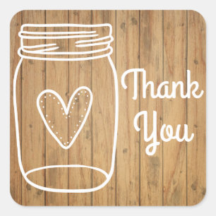 Pegatina Cuadrada Boda rústica de respuesta Mason Jar marrón madera