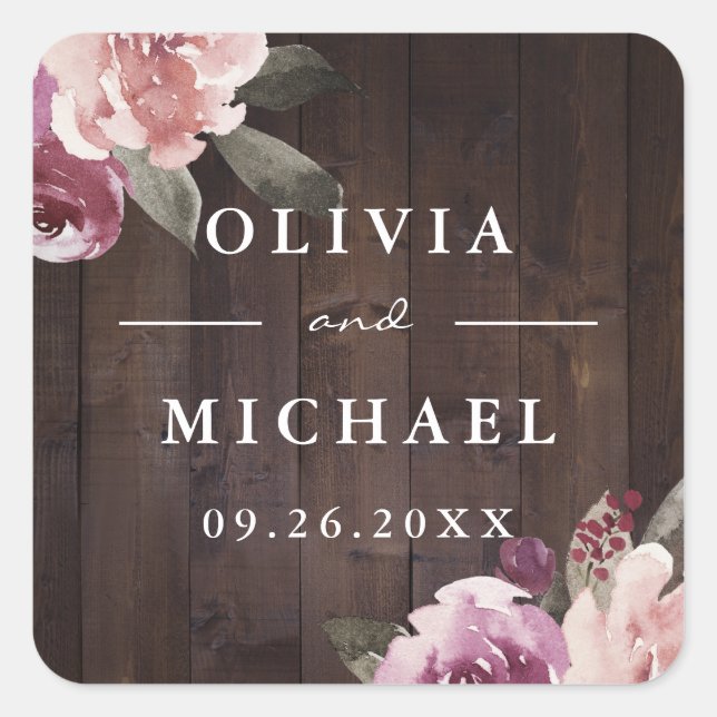 Pegatina Cuadrada Boda rústica floral de madera en púrpura malva (Anverso)