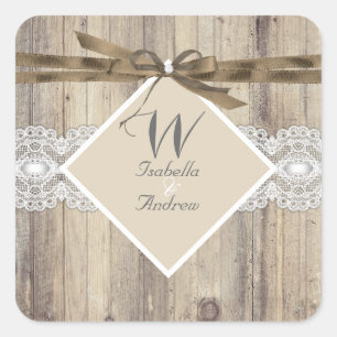 Pegatina Cuadrada Boda Rústica Madera Lazo Blanco Beige 2
