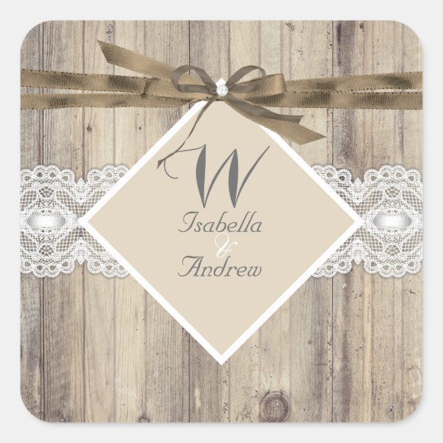 Pegatina Cuadrada Boda Rústica Madera Lazo Blanco Beige 2 (Anverso)