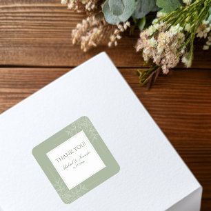 Pegatina Cuadrada Boda Rústica Verde Salvia y Moderno Blanco