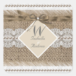 Pegatina Cuadrada Boda Rústico Beige White Lace Burlap