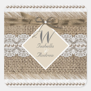 Pegatina Cuadrada Boda Rústico Beige White Lace Burlap
