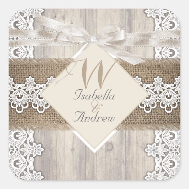 Pegatina Cuadrada Boda Rústico Beige White Lace Wood Burlap AB (Anverso)