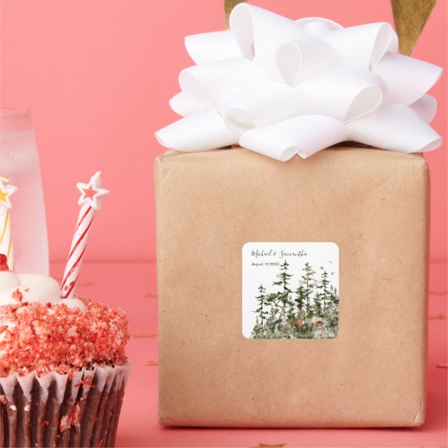 Pegatina Cuadrada Boda Rústico de la Selva de Montaña de Acuarela (Fiesta)