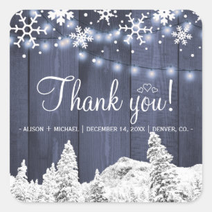 Pegatina Cuadrada Boda rústico de las luces de cuerda de madera de g