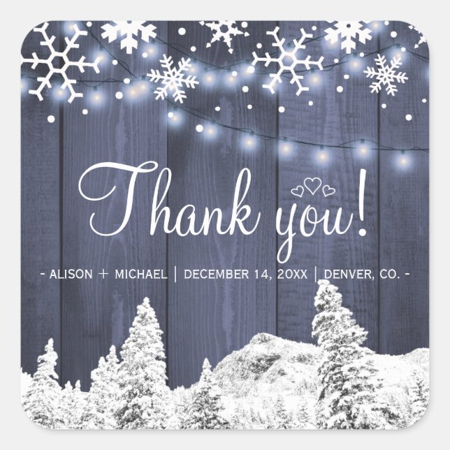 Pegatina Cuadrada Boda rústico de las luces de cuerda de madera de g (Anverso)