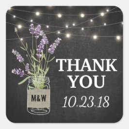 Pegatina Cuadrada Boda Rústico de Lavanda Mason Jar Lights