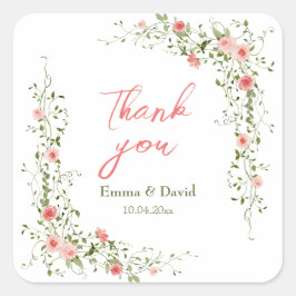 Pegatina Cuadrada Boda Rústico de rosas rosadas botánicas