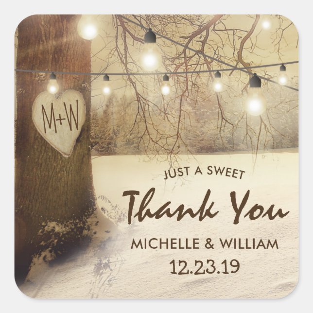 Pegatina Cuadrada Boda Rústico De Twinkle De Árbol De Invierno (Anverso)