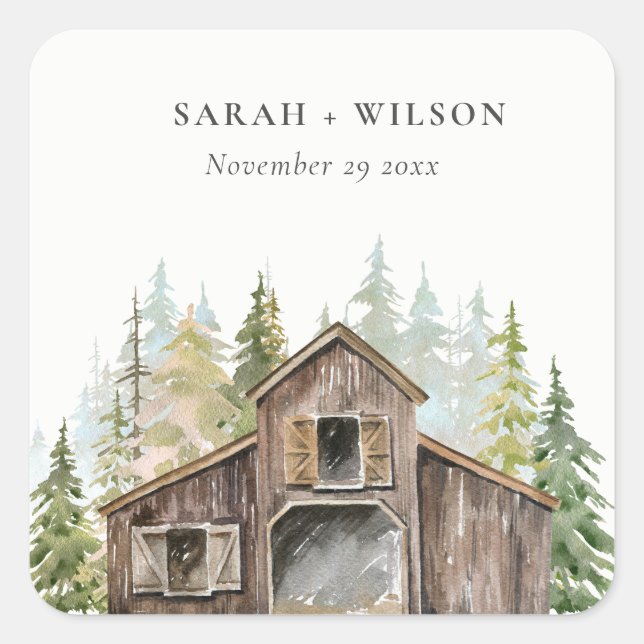 Pegatina Cuadrada Boda Rústico Elegante del Bosque Pine Woods (Anverso)
