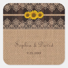 Pegatina Cuadrada Boda Rústico Lace Burlap Wood