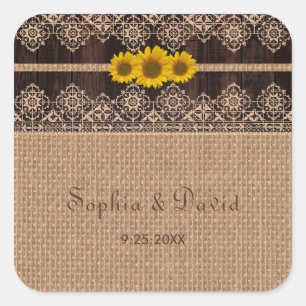 Pegatina Cuadrada Boda Rústico Lace Burlap Wood