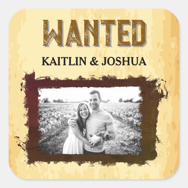 Pegatina Cuadrada Boda Rústico Occidental 🤠 WANTED Photo (Anverso)