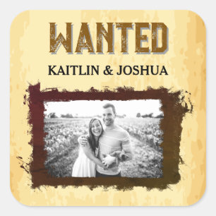 Pegatina Cuadrada Boda Rústico Occidental 🤠 WANTED Photo
