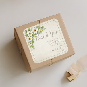 Pegatina Cuadrada Boda Rústico Romántico Floral de margarita blanca