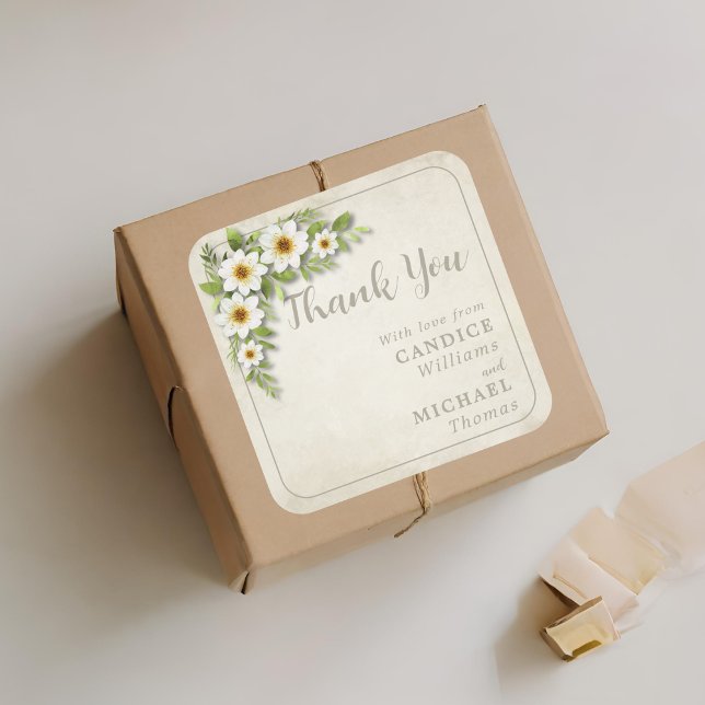 Pegatina Cuadrada Boda Rústico Romántico Floral de margarita blanca (Subido por el creador)